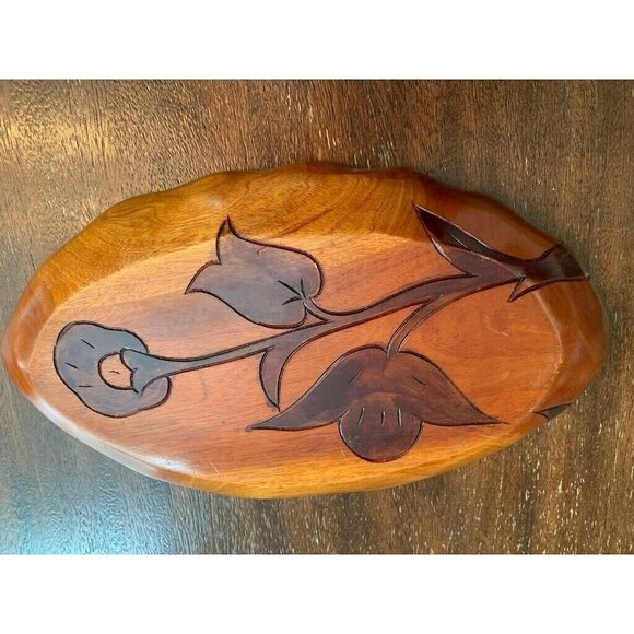 - Carved Oval Wooden Bowl 5 Compartments Heavy - Picture 4 of 6